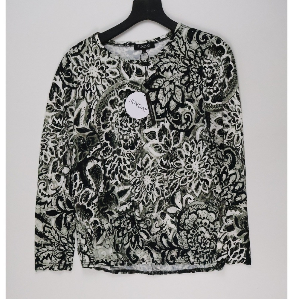 Sunday Long Sleeve Paisley Floral Blouse Green Black White M NWT
